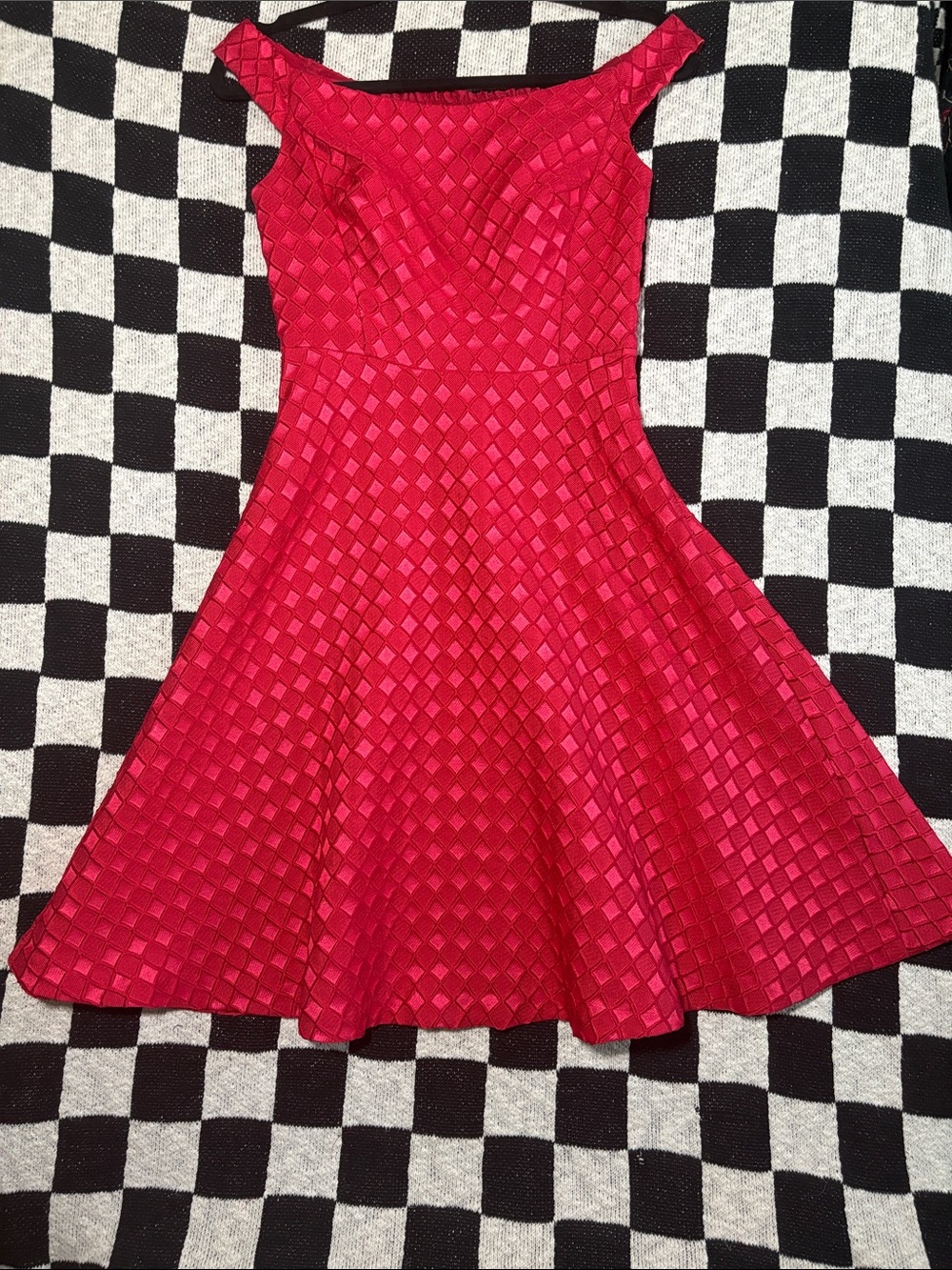 Anthropologie Off-Shoulder Red Diamond-Print Fit & Flare Dress